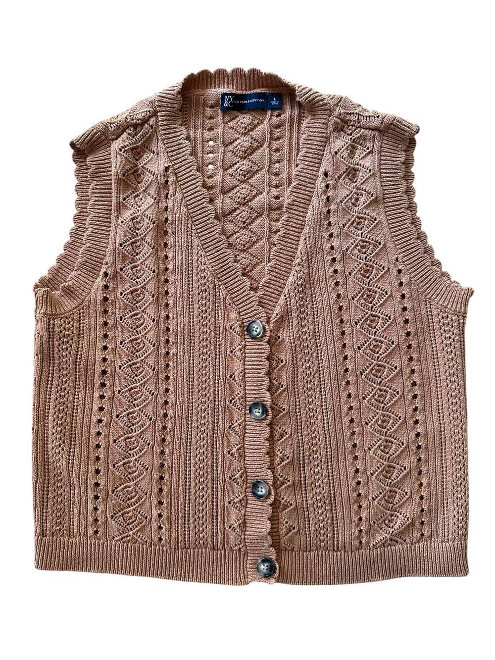 New York & Company Tan Pointelle Knit Button-Up Vest Size L